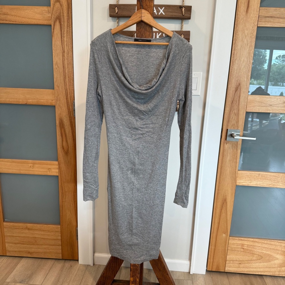 BCBGMAXAZRIA Heather Grey Cowl Neck Long Sleeve Ribbed Sheath Dress Medium EUC
